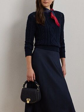 LAUREN Ralph Lauren Silk Navy Midi Maxi A-Line Skirt Lined Button 14 Classic